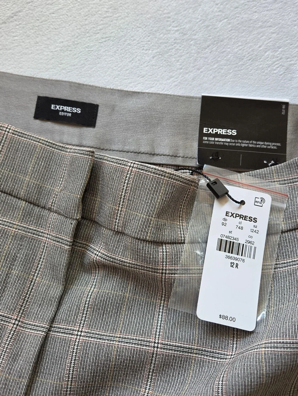 Express Women's Plaid Dress Pants in Taupe with Subtle Pink Windowpane - Picture 5 of 6
